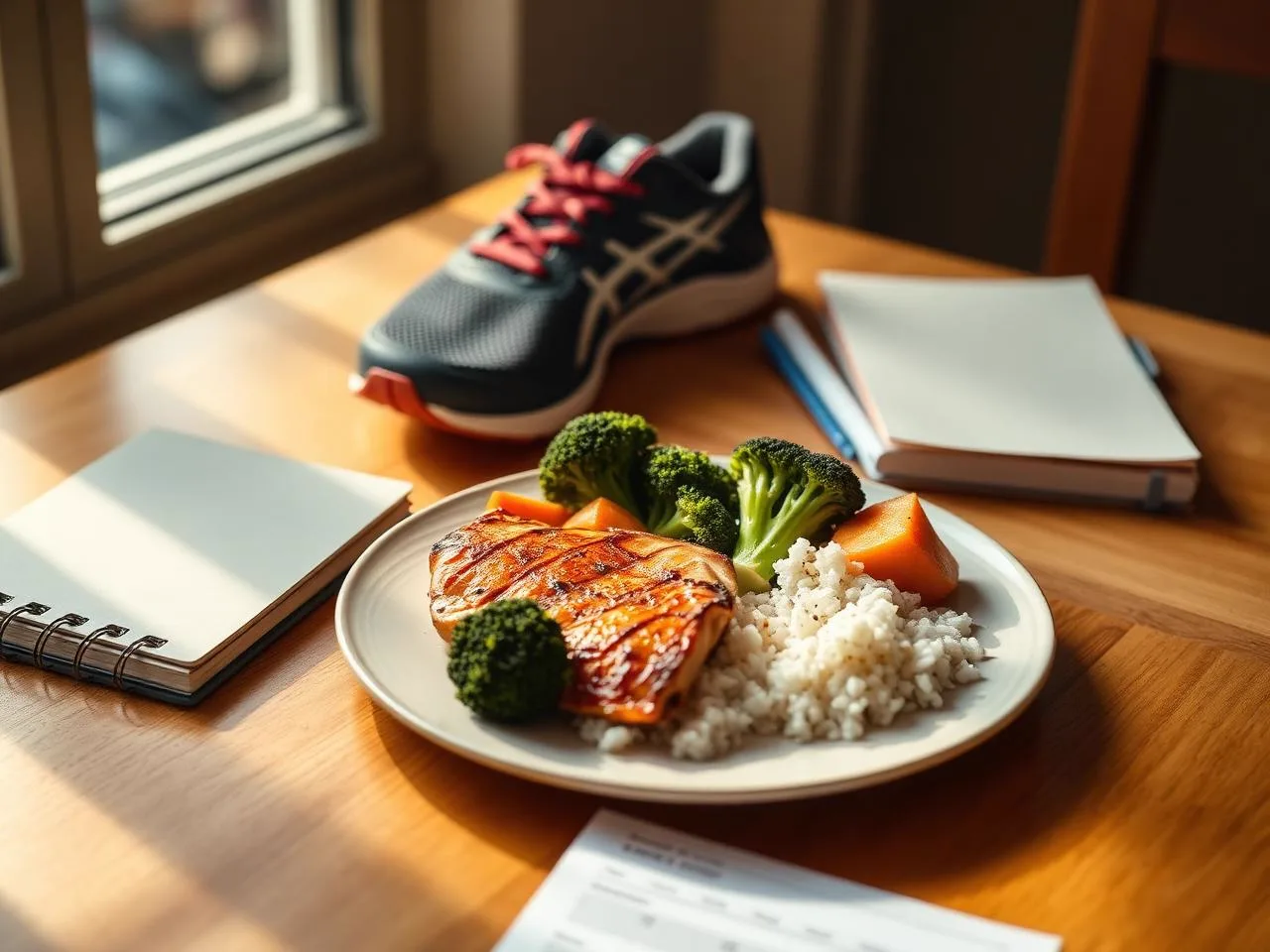 Nutrición deportiva con comida de recuperación, zapatillas y calendario de entrenamiento