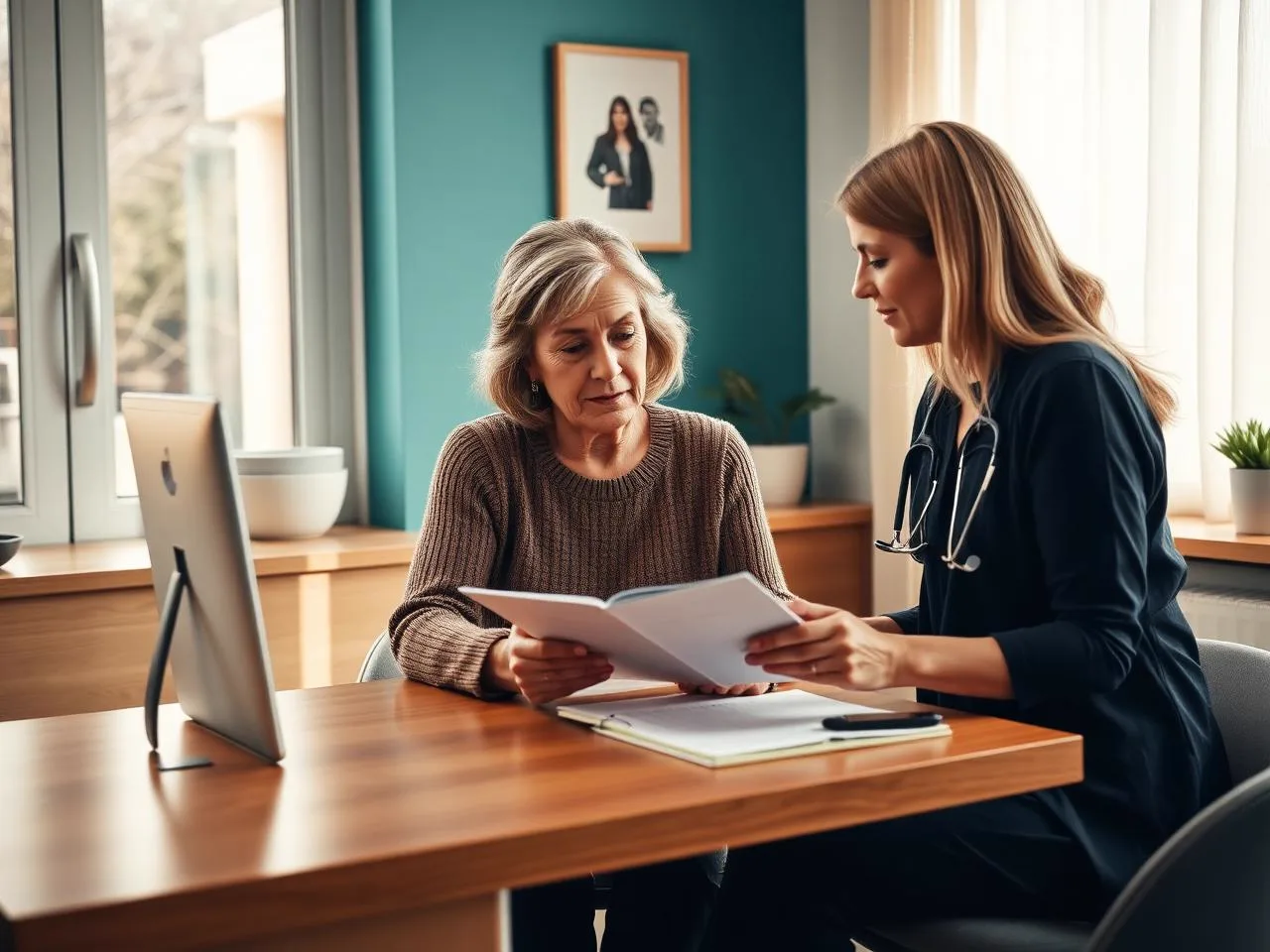 Mujer en consulta de perimenopausia revisando un registro de síntomas con la nutricionista