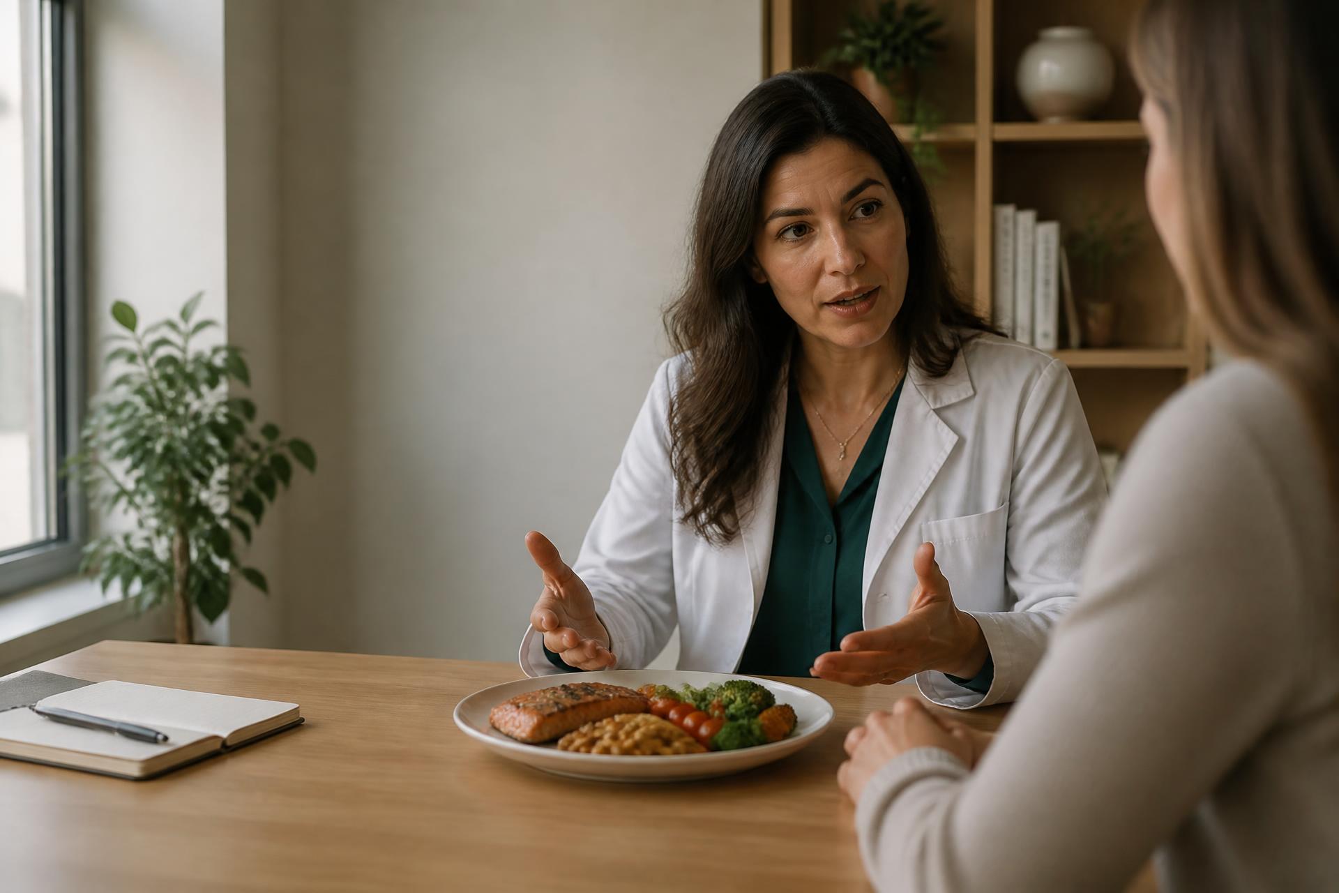 Consulta de nutrición clínica con tablet, plato equilibrado y planificación personalizada