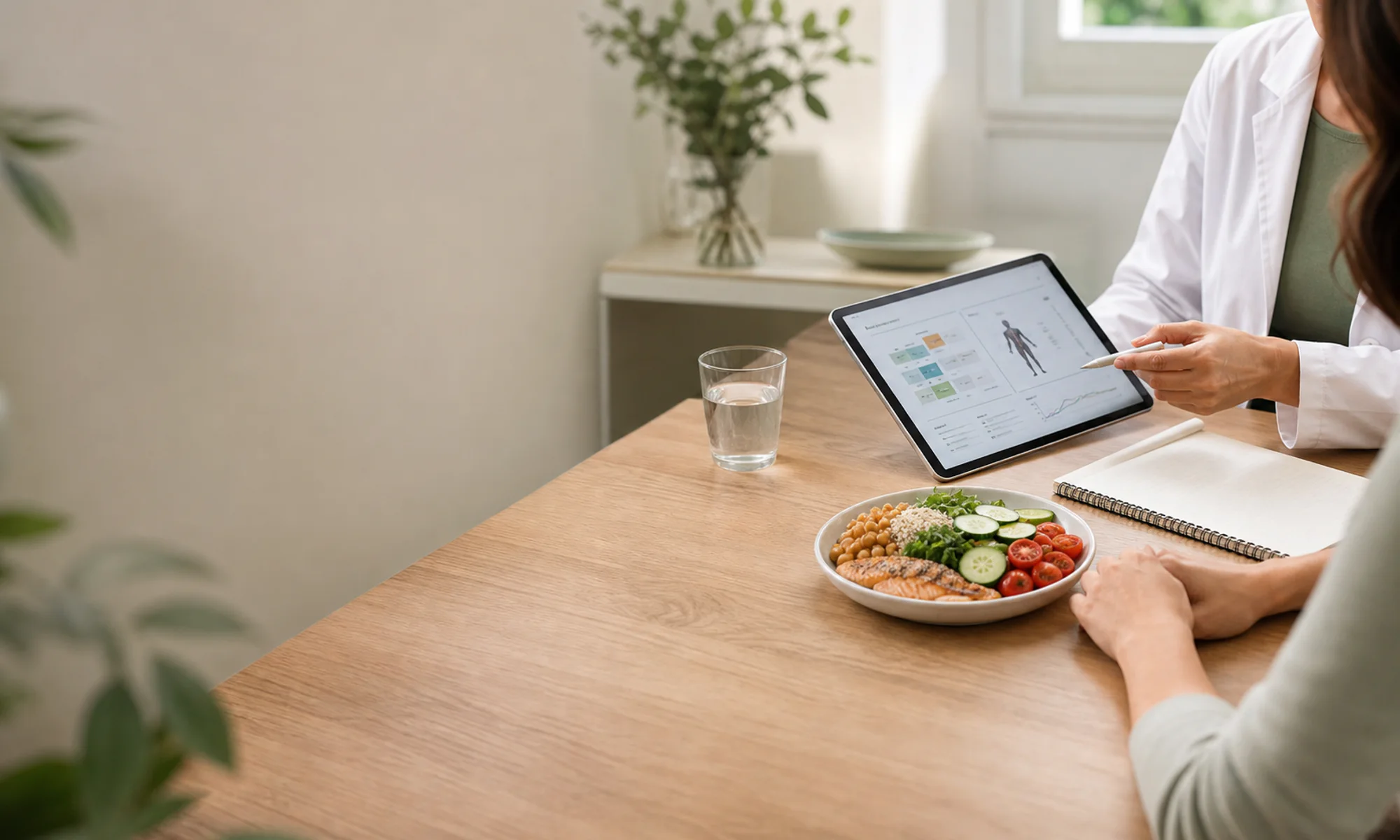 Consulta de nutrición con alimentos saludables