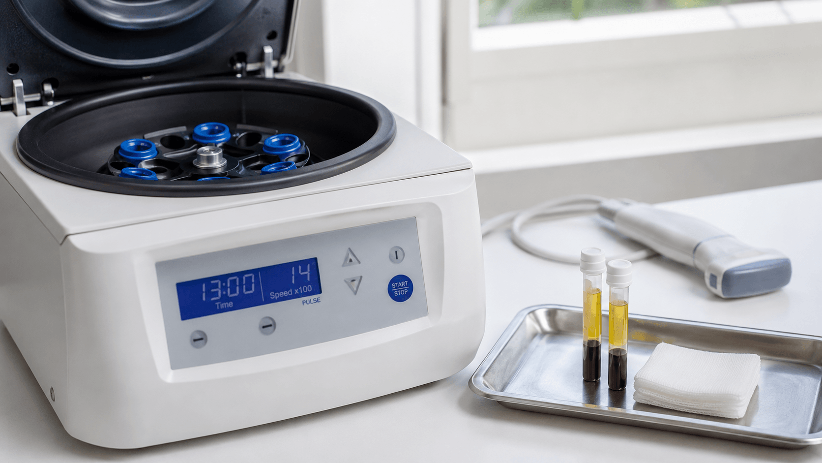 Imagen orientativa de preparacion de plasma rico en plaquetas con centrifuga y tubos de muestra